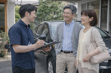 自宅の駐車場で年配夫婦が安心した表情でスタッフと車の査定や売却についてリラックスして相談している訪問査定の様子