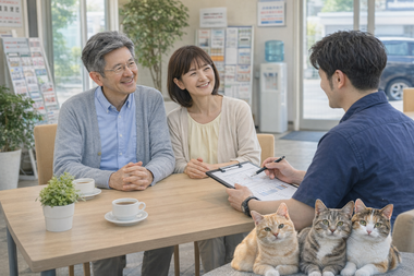 明るい店舗内のテーブルで年配の夫婦が安心した表情でスタッフと車の購入や売却について落ち着いて相談している商談風景
