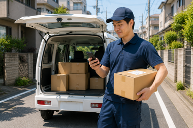 軽バンから荷物を降ろしながら配送アプリを確認する個人事業主の配達ドライバー。江戸川区で軽バンを自社ローンで購入し配達業を営むイメージ。
