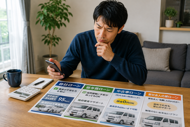 スマホと電卓を使って複数のローン商品を比較検討する男性。江戸川区で軽バン購入の選択肢を慎重に検討するイメージ。
