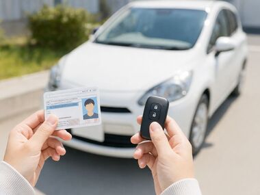 運転免許証とスマートキーを手に、初めての車として白いコンパクトカーを選ぶ初心者ドライバーのイメージ。