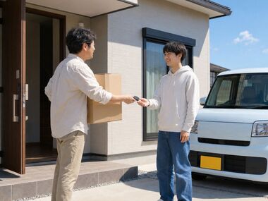 1人暮らしを始める若者が、実家の前で家族から軽自動車の鍵を受け取る新生活と車の見直しイメージ。