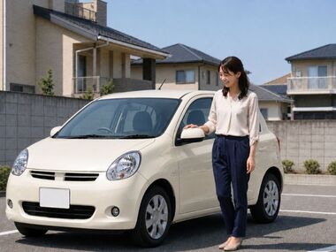 見た目のかわいさと維持費のバランスを考えて選びたい、ベージュのコンパクトカーと女性。