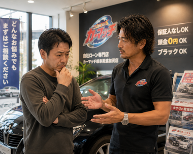 明るい中古車販売店の店内で困った表情の中年男性がワイルドな雰囲気の男性スタッフに車やローンについて真剣に相談しているリアルな接客シーン