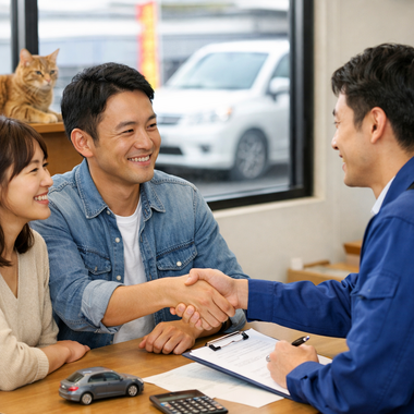 「中古車の査定や購入相談後に安心した表情のお客様とスタッフ、店内で猫が見守る相談風景」