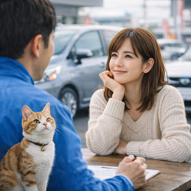 中古車販売店で車の査定や売却相談をするお客様とスタッフの実際の様子 中古車販売店で車の査定や売却相談をするお客様とスタッフの実際の様子