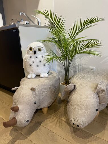 盛岡店 事務所 フクロウの眼鏡置きとオットマンのサイとブタ 盛岡店 事務所 フクロウの眼鏡置きとオットマンのサイとブタ