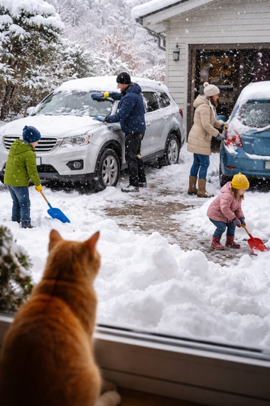 岐阜県美濃加茂市で雪かきをする家族と車のある風景｜自社ローン・中古車販売・車買取の相談に対応するカーマッチ岐阜美濃加茂店