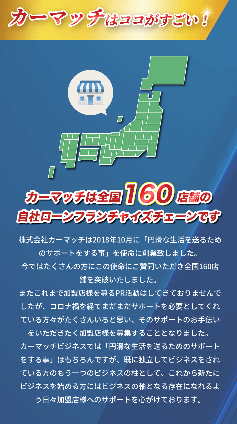 カーマッチは全国150店舗の自社ローンフランチャイズチェーンです